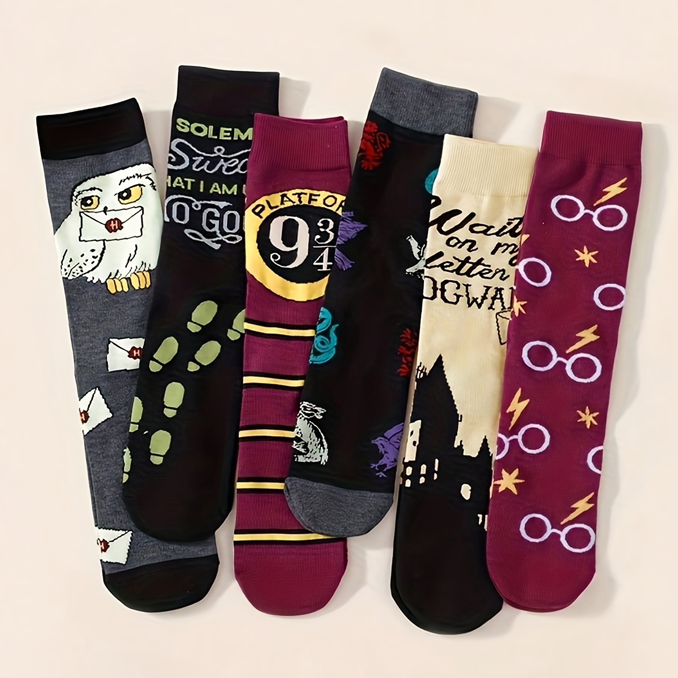 TEMU Calcetines Warner X Series Unisex, 6 , con Hedwig / Talla 9¾, Clásicos de Hogwarts, Estilo Colección de Fans