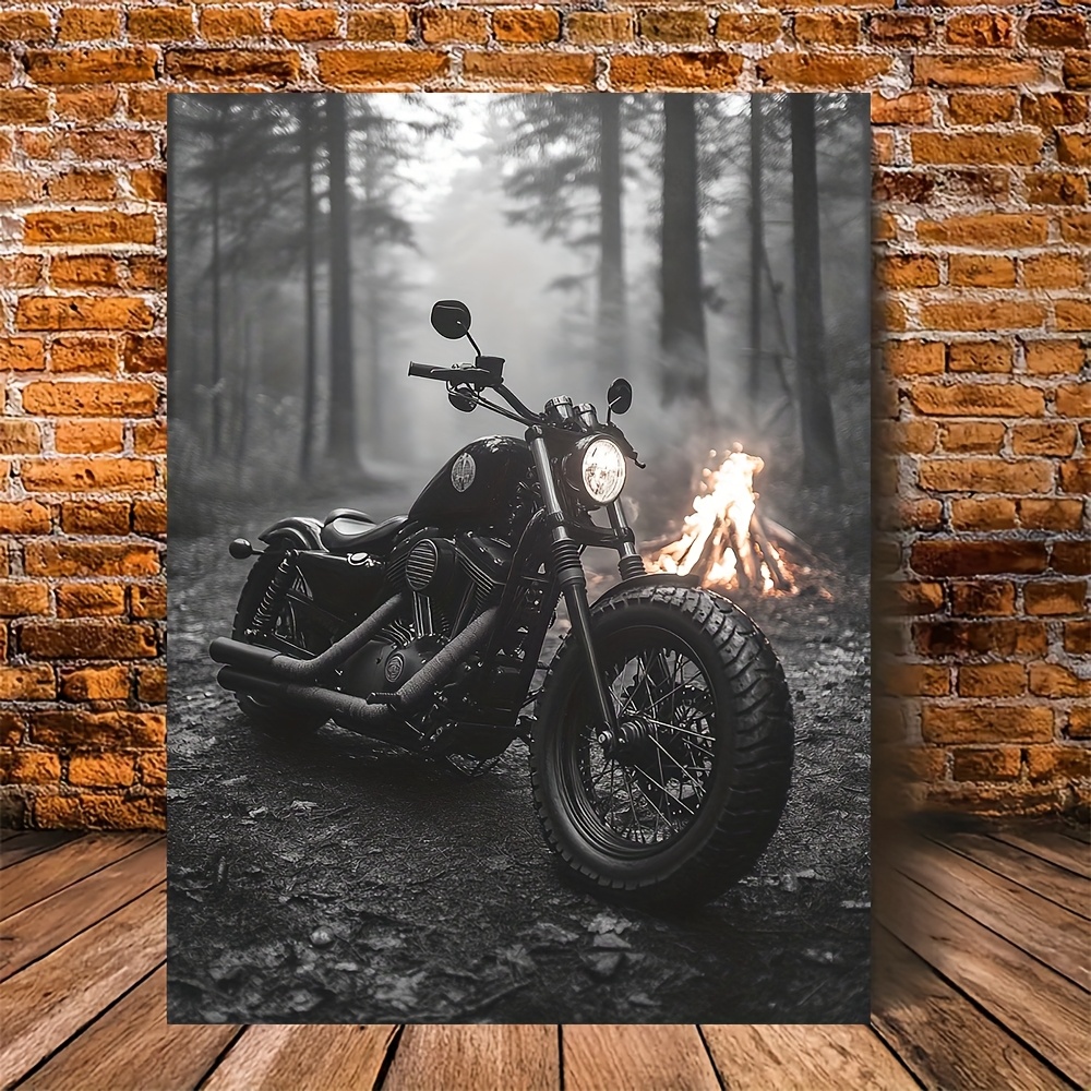 TEMU 1 pièce Vintage de moto avec impression d'art sur toile Campfire - Chopper rustique par Campfire Scene, cadre en bois 11,8 x 15,7 pouces pour la