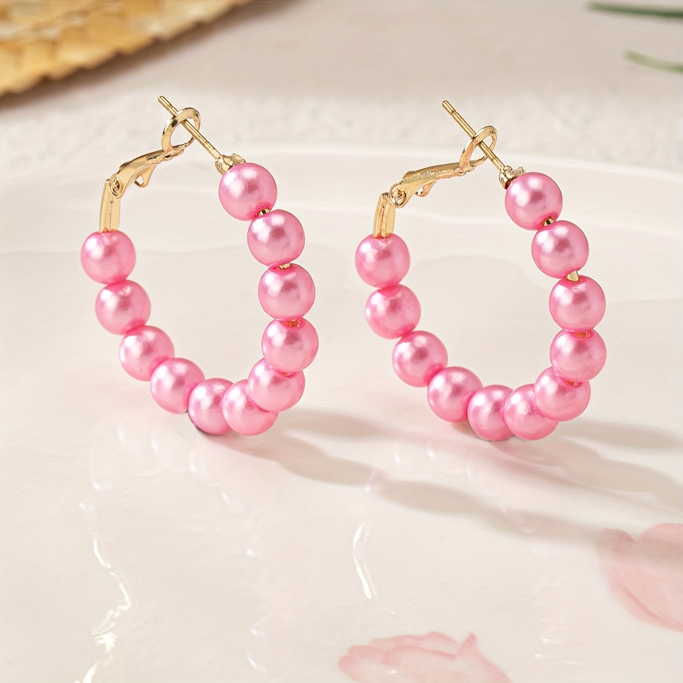 Image of Elegant Pink Pearl Hoop Earrings For Women - Boho Chic, Iron Posts, Ideal For Daily Wear, Versatile For
