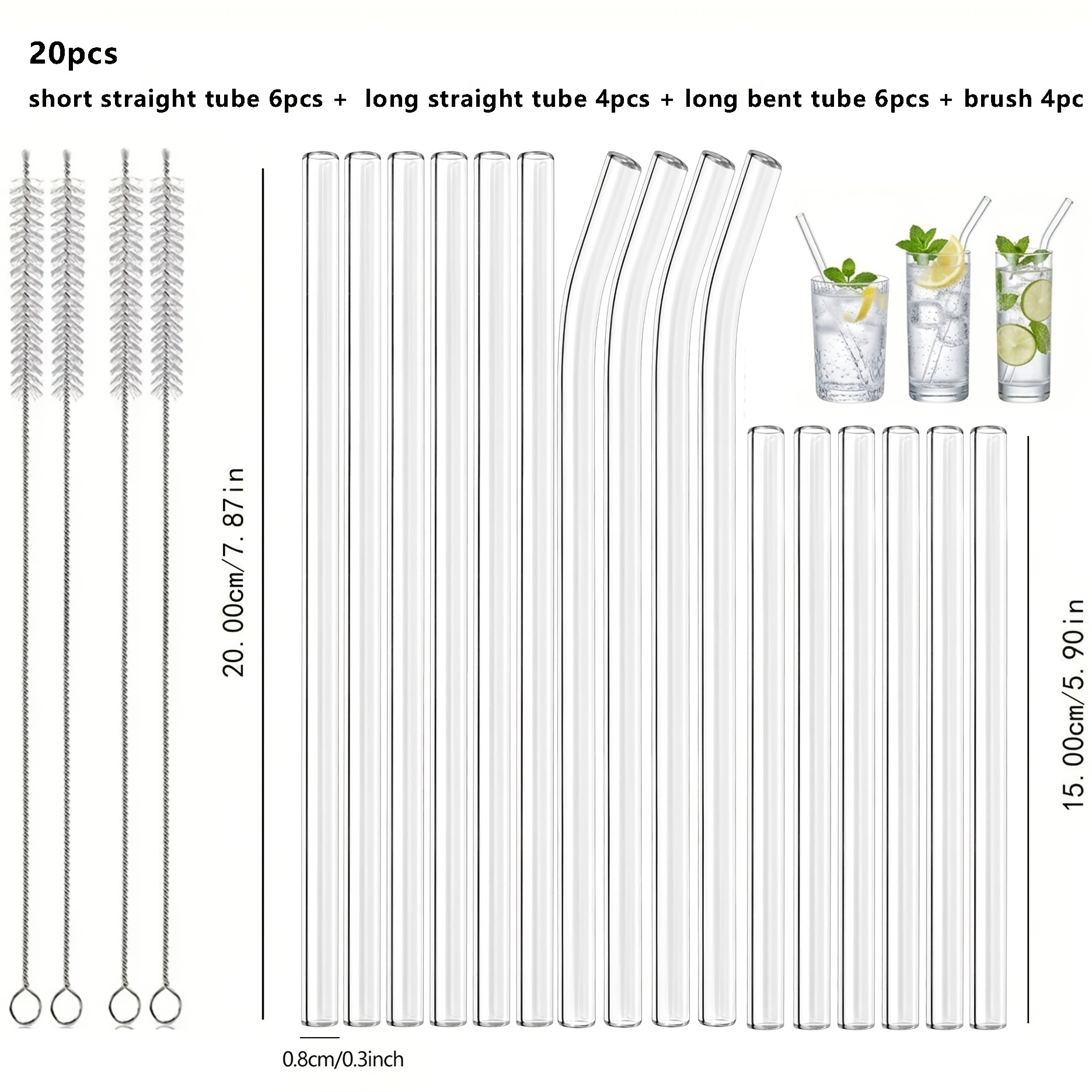 TEMU Set (16 Straws And 4 Brushes) High Borosilicate Glass Straws, Reusable Drinking Straws, 2 Sizes (20cm/15cm) Heat Resistant Reusable Drinking