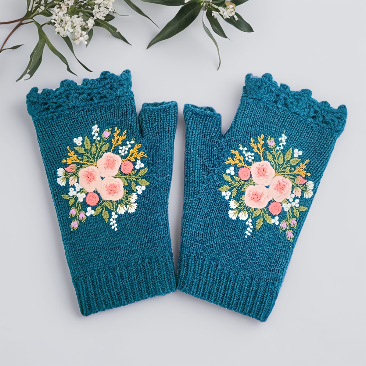embroidery floral knitted gloves retro handmade hook edge - Temu