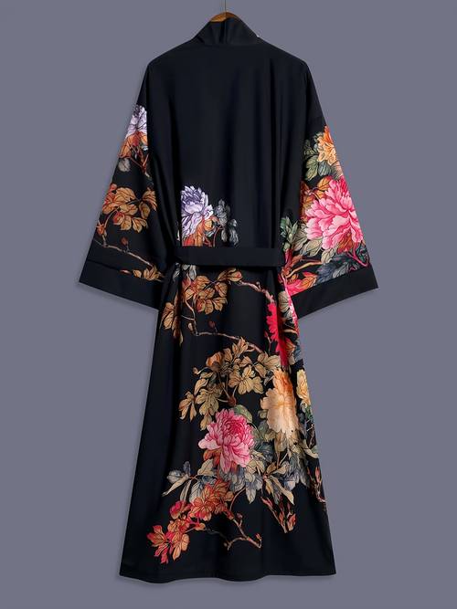 rose print length three quarter sleeve kimono cardigan lightweight outerwear for women elegant european and american ethnic inspired streetwear casual cover up beach vacation travel uchikake style thin cape coat home yukata
