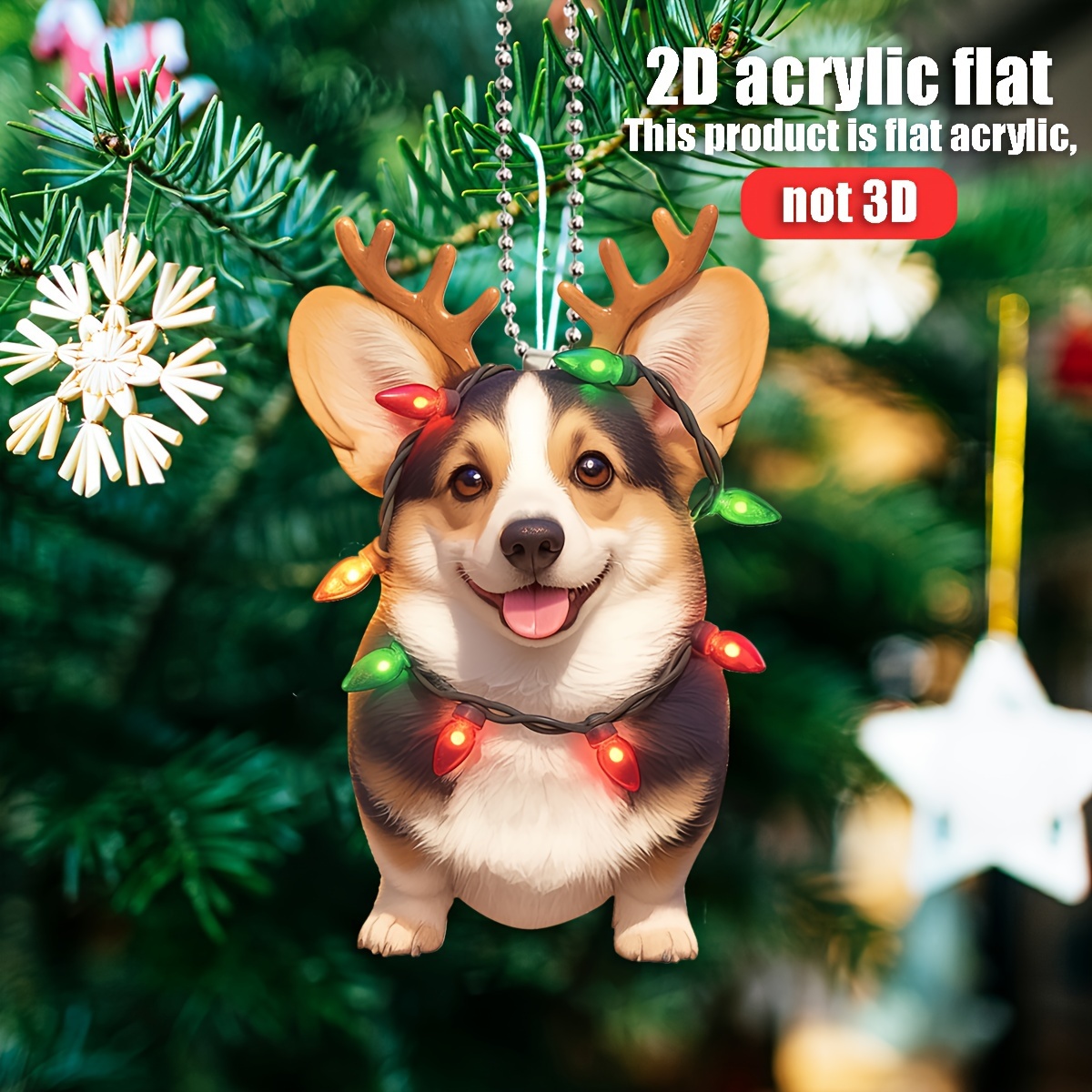 

1pc Corgi With Antlers 2d Acrylic Christmas Ornament - Lights Design For Tree, Car, Home Decor & Keychain - Ideal Holiday Gift, Christmas Decoration