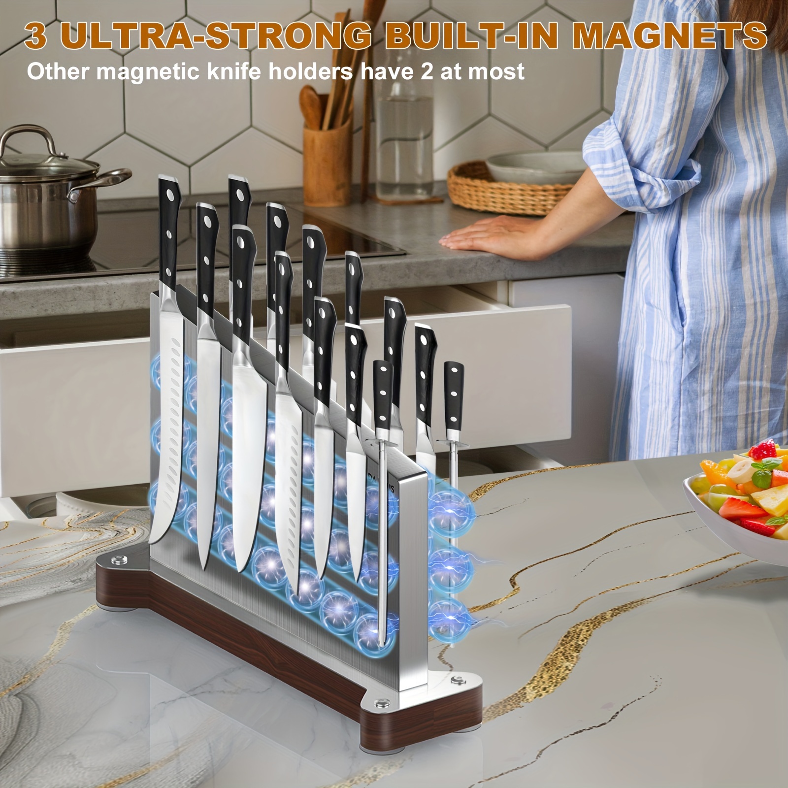 

Magnetic Knife Holder Stand: Double Sided Magnetic Knife Holder, Stainless Steel Magnet Knife Storage Without Knives Knife Display Rack For Kitchen Counter With Strong Magnet & Wood Base