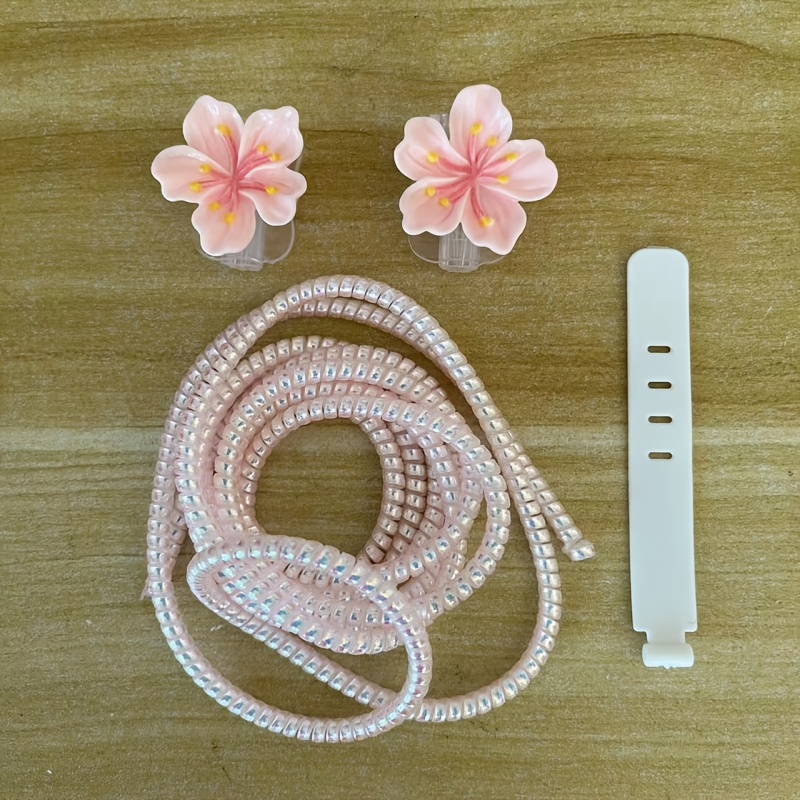 TEMU Ensemble de 4 protecteurs de câble de données 3D avec motif de roses, anti-casse, protecteurs de câble de données Type-C/phone, câble de charge