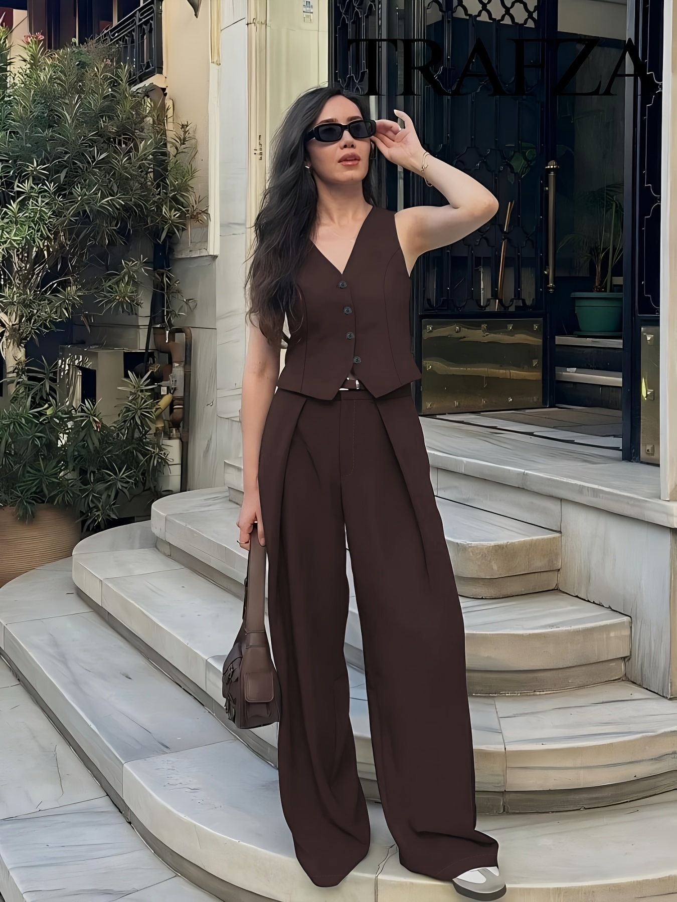 Conjunto elegante de chaleco y pantalones anchos de color para mujer,  piezas con bolsillos para */verano casual,