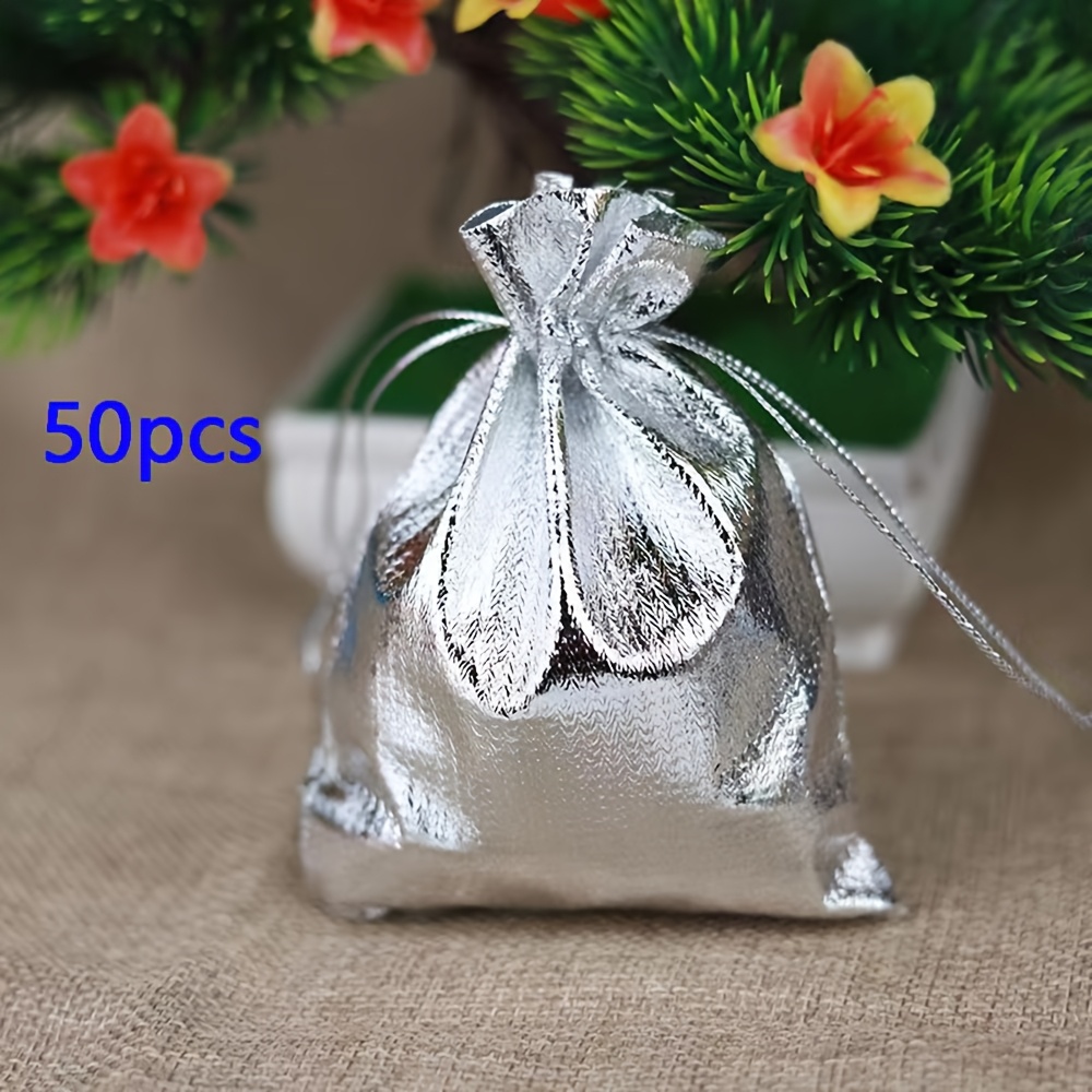 TEMU Regalo para Ella/Él 50pcs Bolsa de Tela Dorada y Plateada, Bolsa de Embalaje de Joyería Ajustable, Bolsa con Cordón de Papel de Seda Dorada y