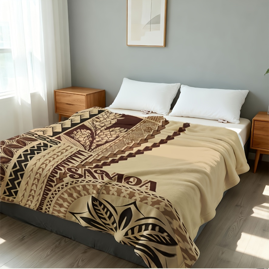 TEMU 1pc Vintage Samoan Pattern Flannel Throw Blanket - Soft, Warm, Cozy, Ideal For Sofa, Bed, Office, Camping - Gift With Intricate Geometric And ,