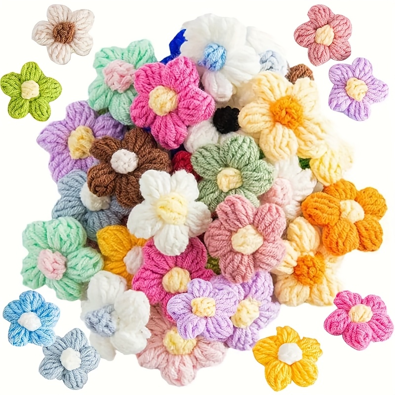 TEMU 60pcs Appliques de Fleurs au Crochet - Fleurs Tricotées à , Couleurs Assorties, pour Décorations de Cheveux, Vêtements, Fêtes, Artisanat,