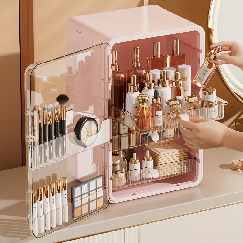 contemporary multi purpose desktop storage cabinet with built in drawers categorized compartments large capacity organizer for jewelry cosmetics makeup brushes lipsticks bottles durable plastic with magnetic closure perfect gift for valentines day mothers day graduation cosmetic holder   transparent side door sturdy construction home organizers Product details 9