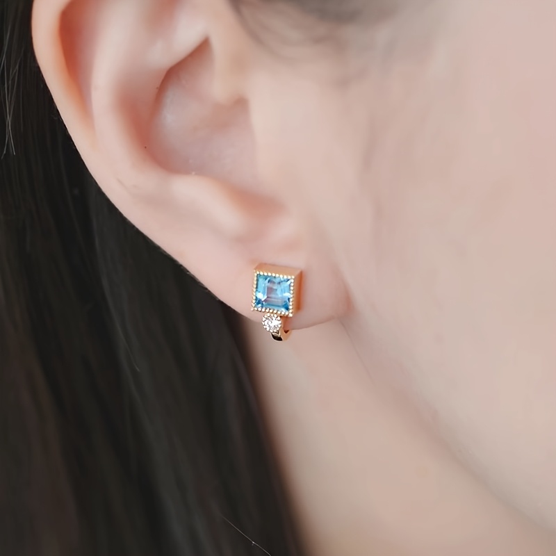 Women's Minimalist Square Aquamarine Blue Zirconia Huggie Earrings