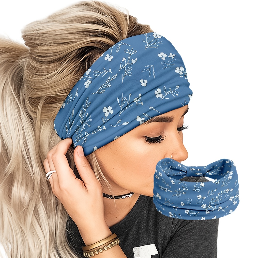 TEMU 2d Flat, 1pc Blue Floral Elastic Hair Tie | Breathable And Sweat-absorbent, Soft Knot Hairband, Unisex, Suitable For Yoga, Running, Cycling,
