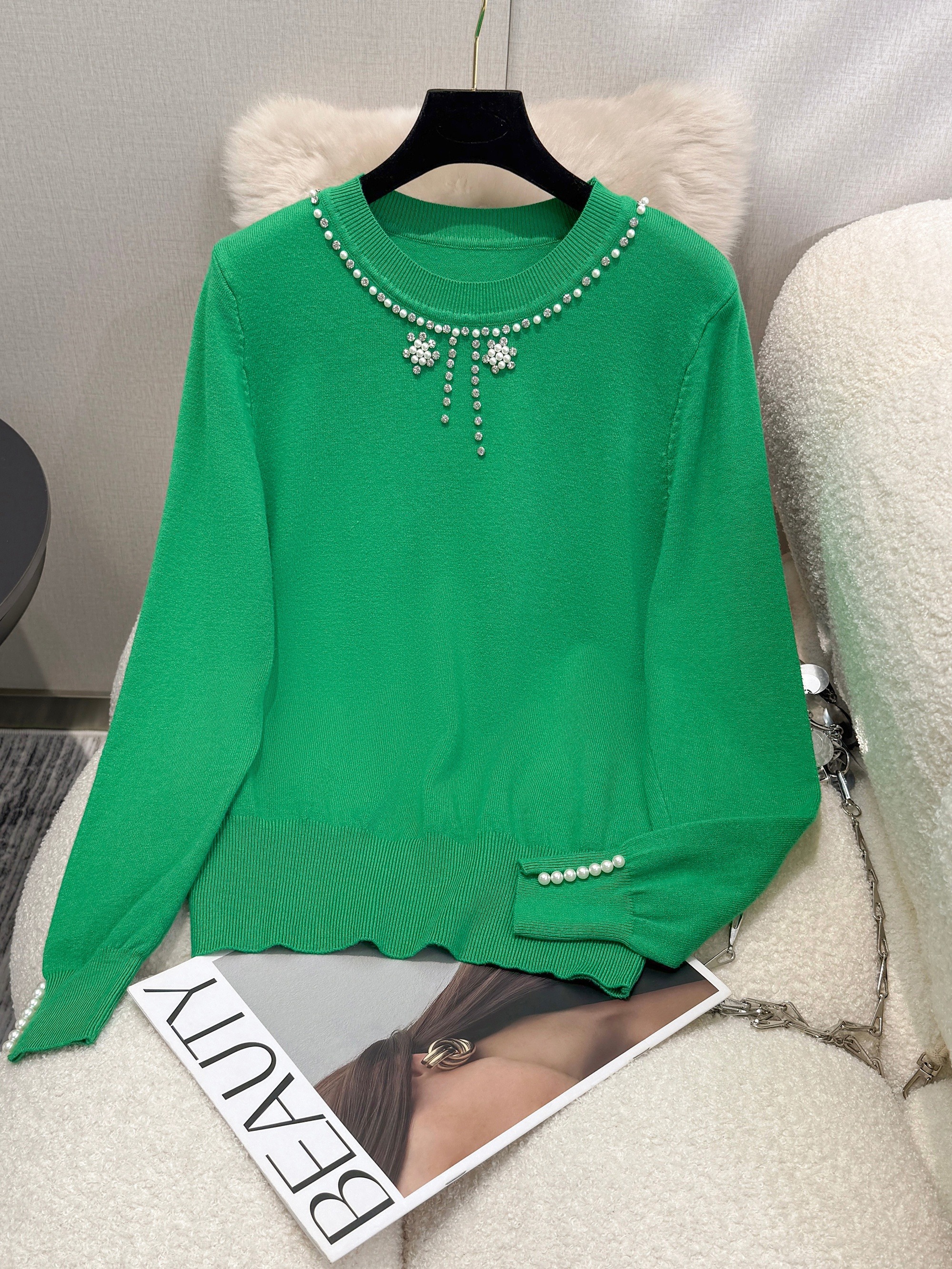 scacto women's pearl beaded long sleeve sweater ruffle trim