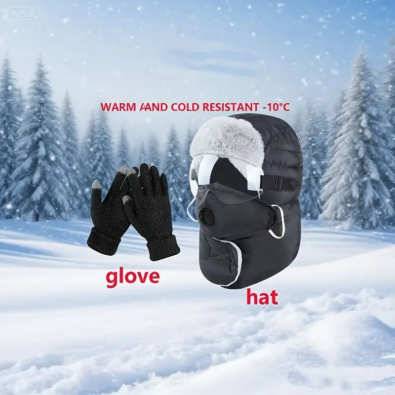 2pcs set winter cycling outdoor hat with ear flaps mask scarf goggles thickened windproof warm fleece lined   cap for men and women new skiing style Product details 4
