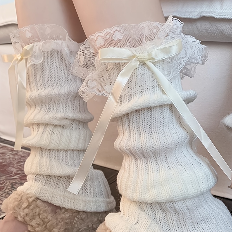 TEMU 1-pair Women' Thick Warm Leg Warmers Suitable For Boots - Elegant Lace Trim Slouchy Sock Covers With Bowknot, Solid Color Protectors For Snow