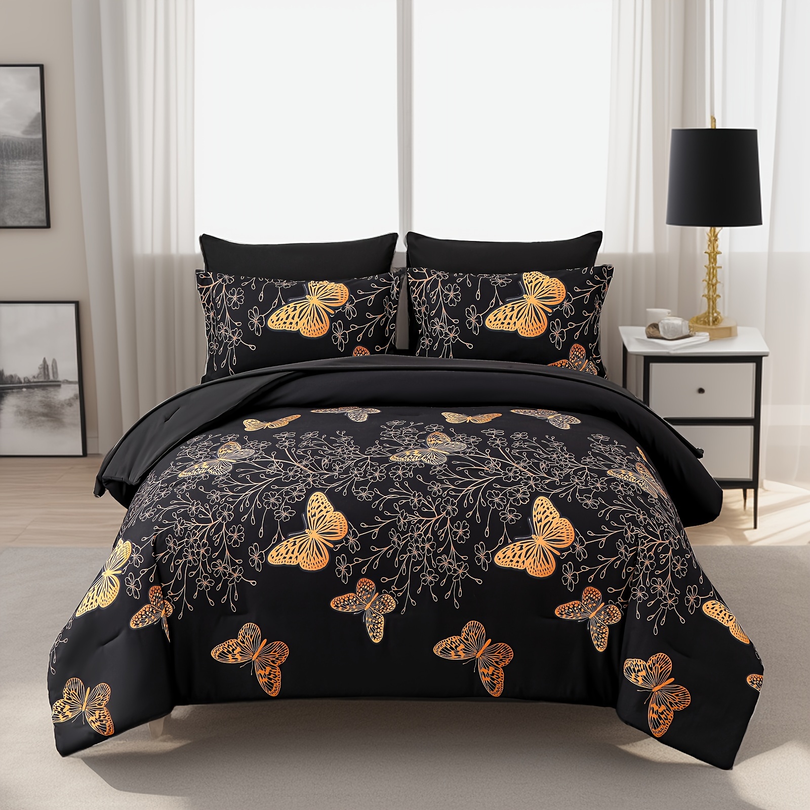 

7pcs Golden Print Comforter Set - Stain Resistant, Microfiber, Lightweight, Woven Bedding With 100% Polyester Fiber Fill - Queen/king Size Bed In A Bag For All