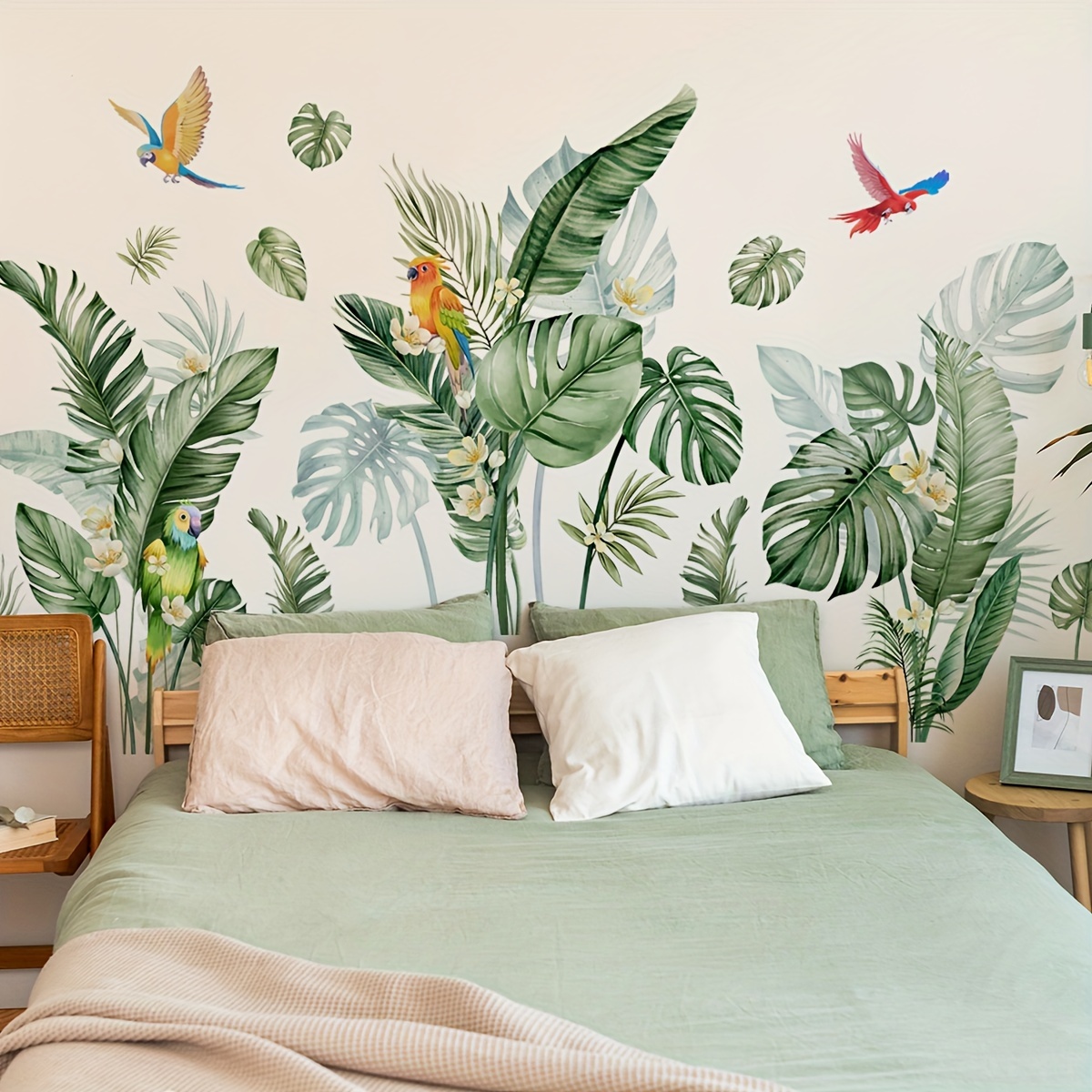 

Tropical Leaves And Parrots Wall Decals - Contemporary Hand-painted Style Pvc Stickers, 2-piece Set, Self-adhesive For Living Room And Bedroom Decor - Single Use Wall Art Ms7596-nl