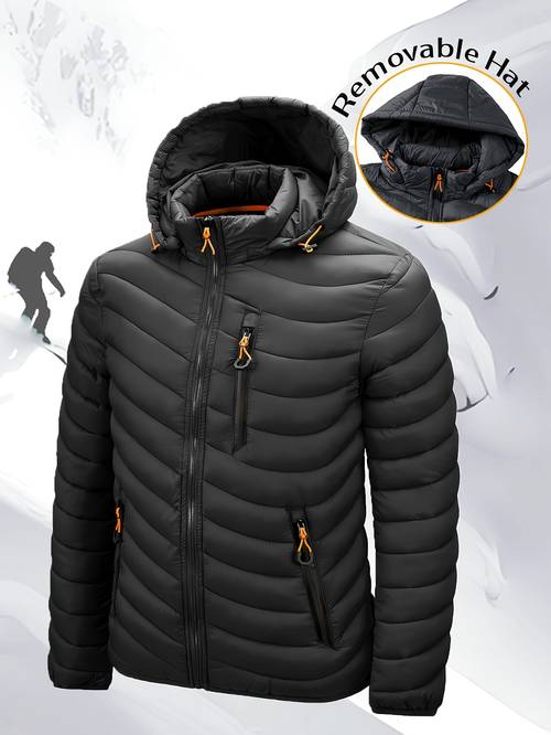 autumn winter outdoor solid casual jacket quilted casual warm coat detachable hood winter lightweight top iridescent zipper pockets multi pocket mens jacket soft fabric contrast trimmed hook and