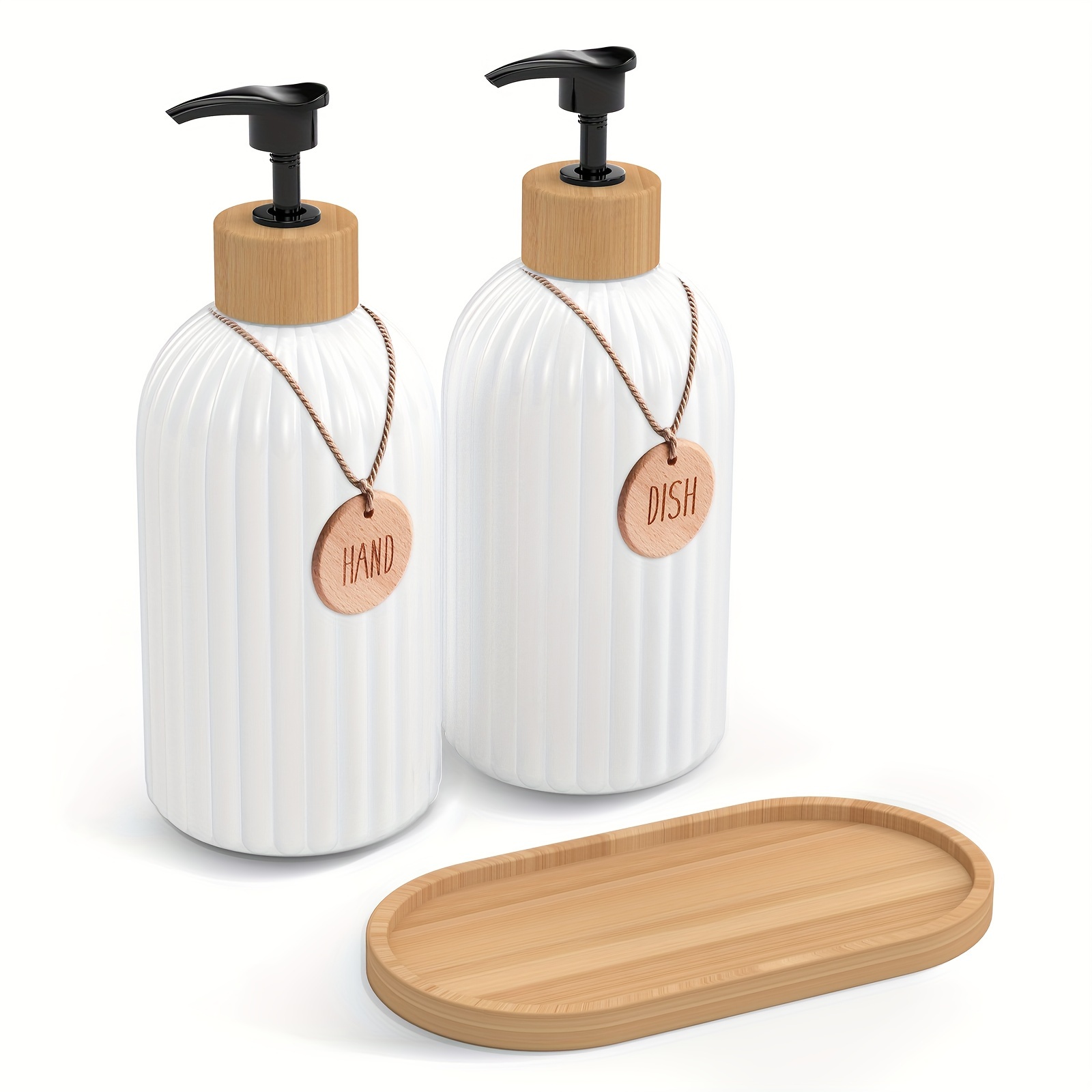 TEMU Ensemble de 1 distributeur de savon à vaisselle en plastique blanc élégant avec étiquettes, parfait pour le rangement du savon à mains et du