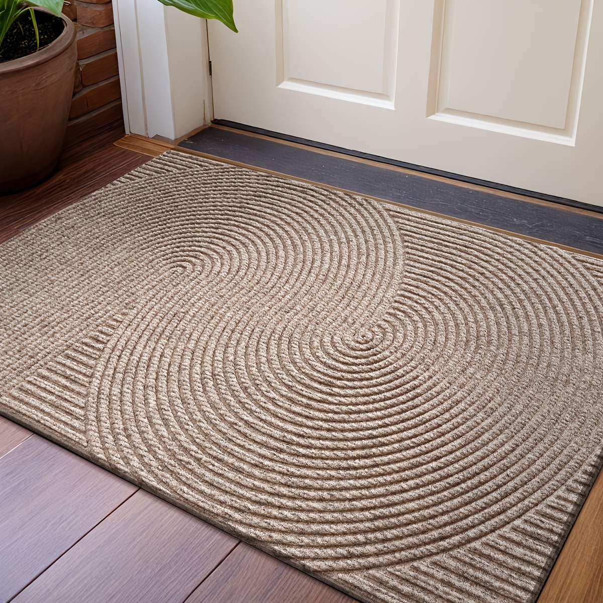   geometric stripe non slip mat durable polyester 100 hand wash only rectangular entryway mat for home office christmas decor gift beige brown striped design christmas     decor durable mat christmas decorations Product details 7