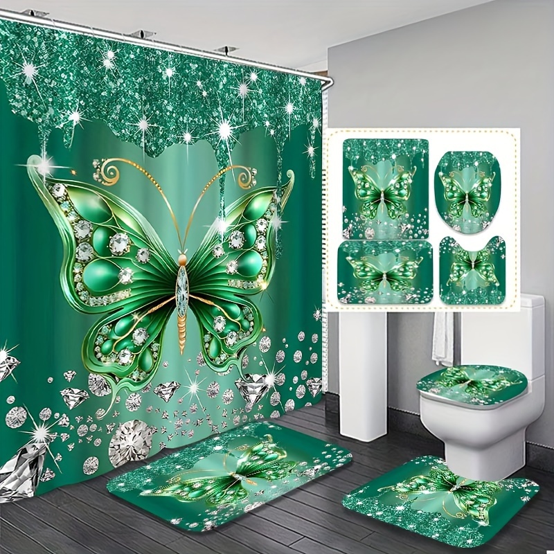 

4pcs Butterfly Shower Curtain Set, Bathroom Sparkling And Spectacular Shower Curtain, Waterproof Shower Curtain, Bathroom Carpet, Toilet U-shaped Mat, Toilet Cover, Bathroom Decoration With 12 Hooks