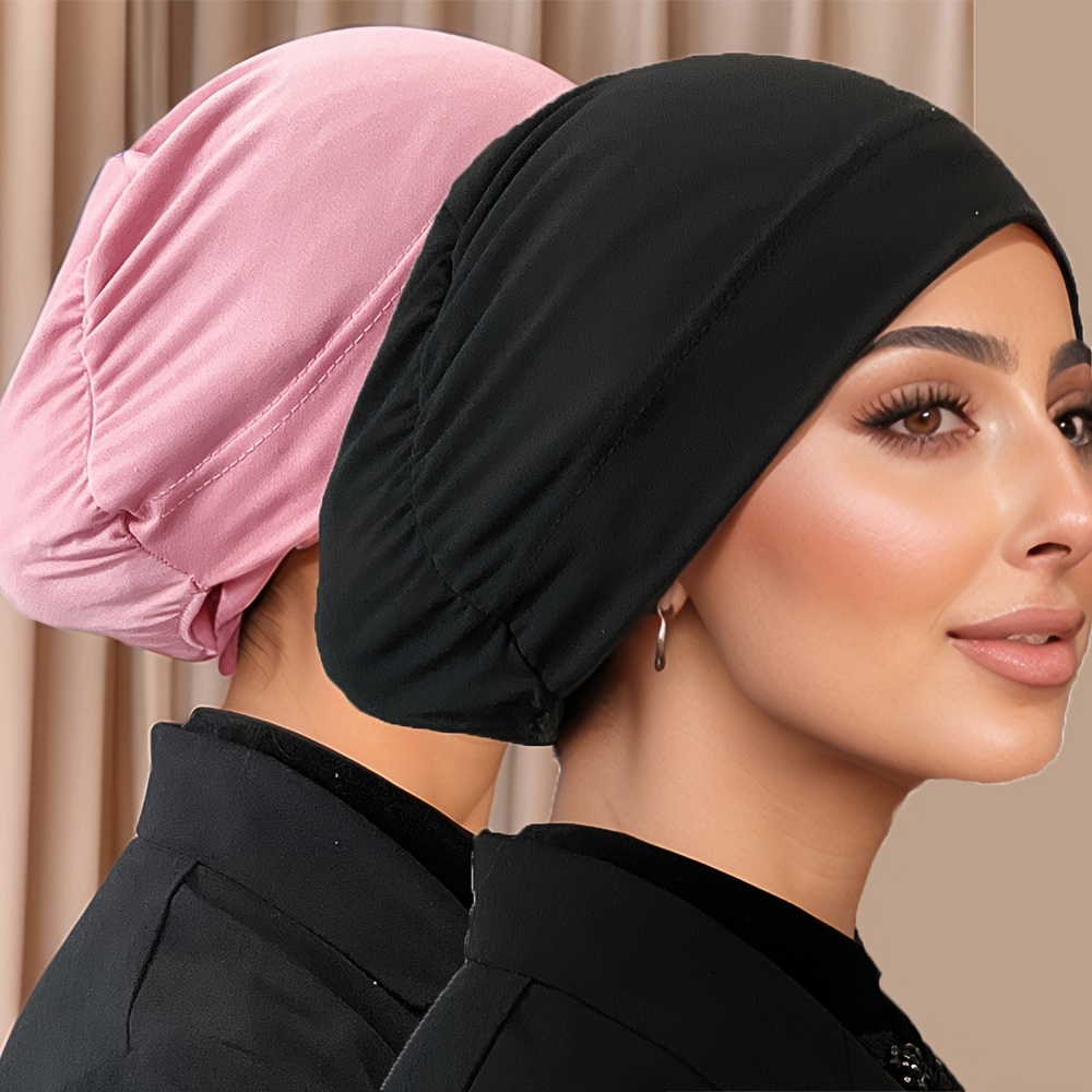 2pcs/Set Solid Color Muslim Headscarf with Closed Back Cap