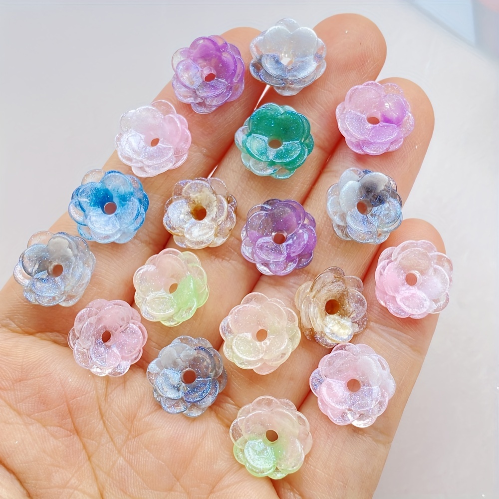 

20pcs Colorful Three- Two-color Gradient Blooming Glitter Flowers, Colorful Beaded Petals Charms With Hole For Making Ornaments Scrapbooking Supplies