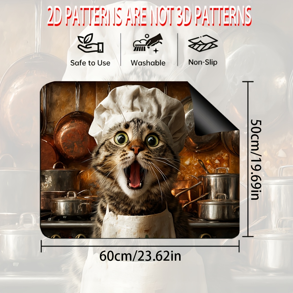 TEMU 1pc Tapis de protection de cuisinière à impression plate 2D | Chat chef étonné , ustensiles de cuisine décoratifs et protecteur de dessus de