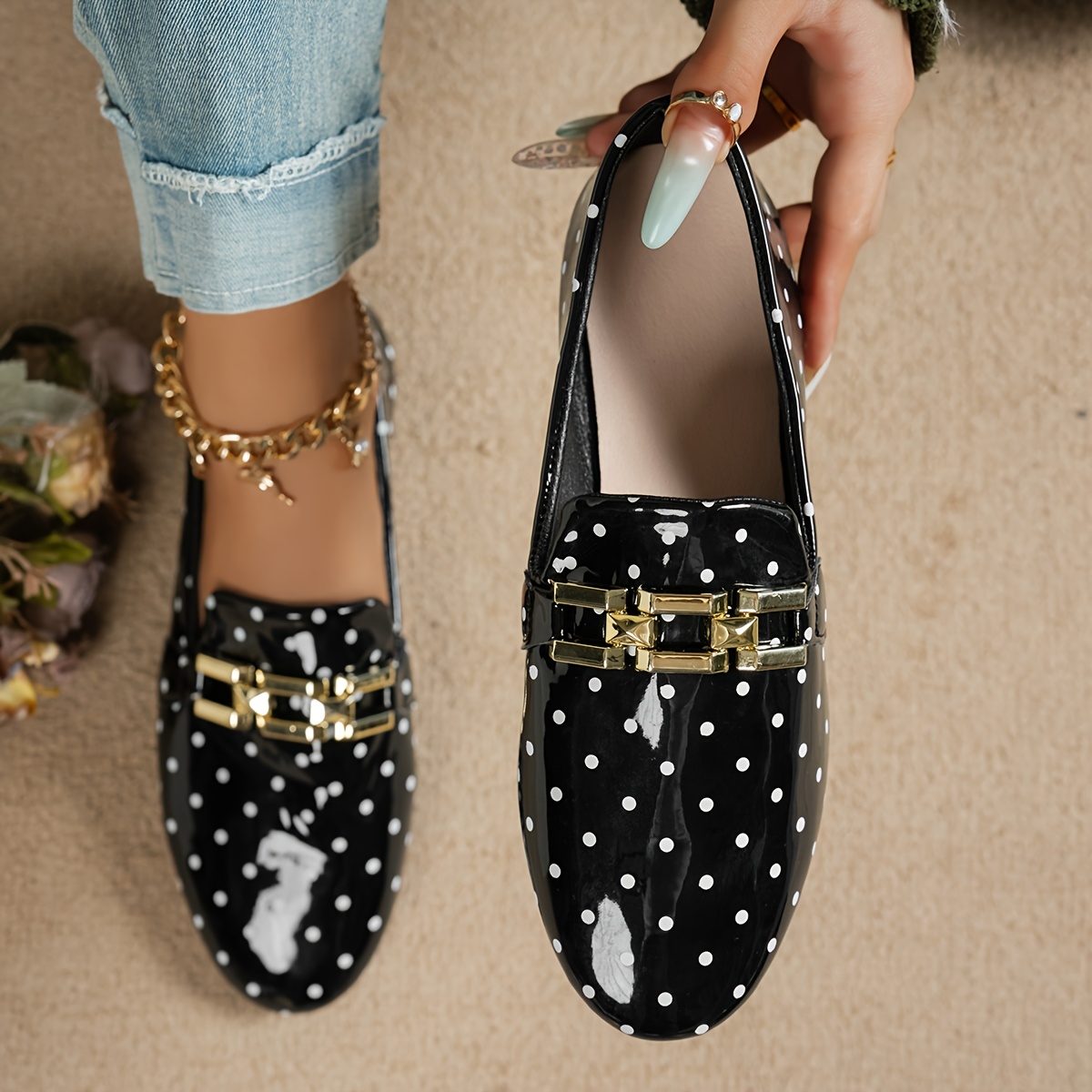 TEMU Women's Fashion Flat Shoes With Vintage Polka Dots, Elegant Accents, Suitable For Casual Wear For Occasions Such As Home And Outdoor , Women
