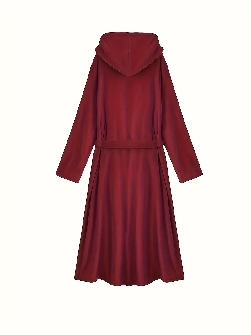 Men's Long Black Fleece Bathrobe with Double Hood - Soft, Breathable, Adjustable Belt, Solid Color, Ideal for Autumn/Winter Comfort