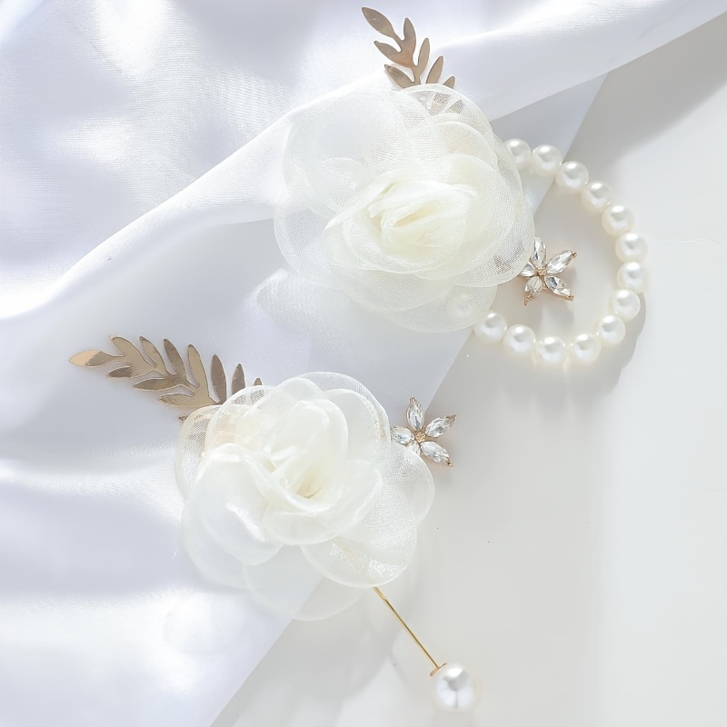

Fashionable Elegant High-end Wedding Bridal Party Wrist Corsage & Boutonniere Set With Faux Pearl & Rhinestone Decoration, Suitable For Weddings, Anniversaries, Photography Studios