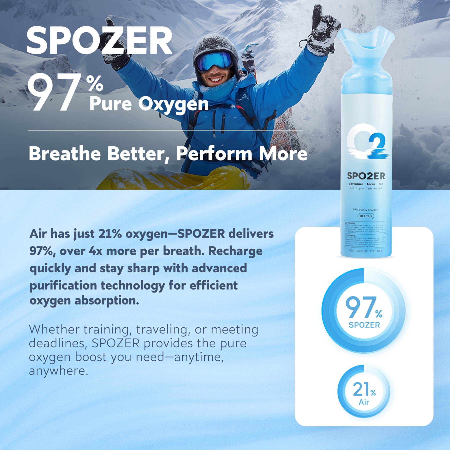 Spozer Oxygen Large Capacity Natural Oxygen Tanks (10L) | Portable Oxygen Tanks, Ideal for High Altitudes, Accelerate Recovery Time (3-Canister Pack)