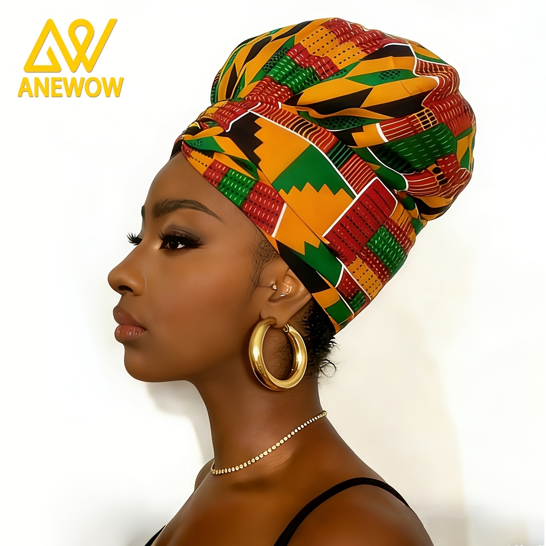 TEMU Anewow African Ankara Print Satin-lined Turban Headwrap For Women | Vibrant Yellow Hair Accessory, Elastic-, , Hand Wash Or