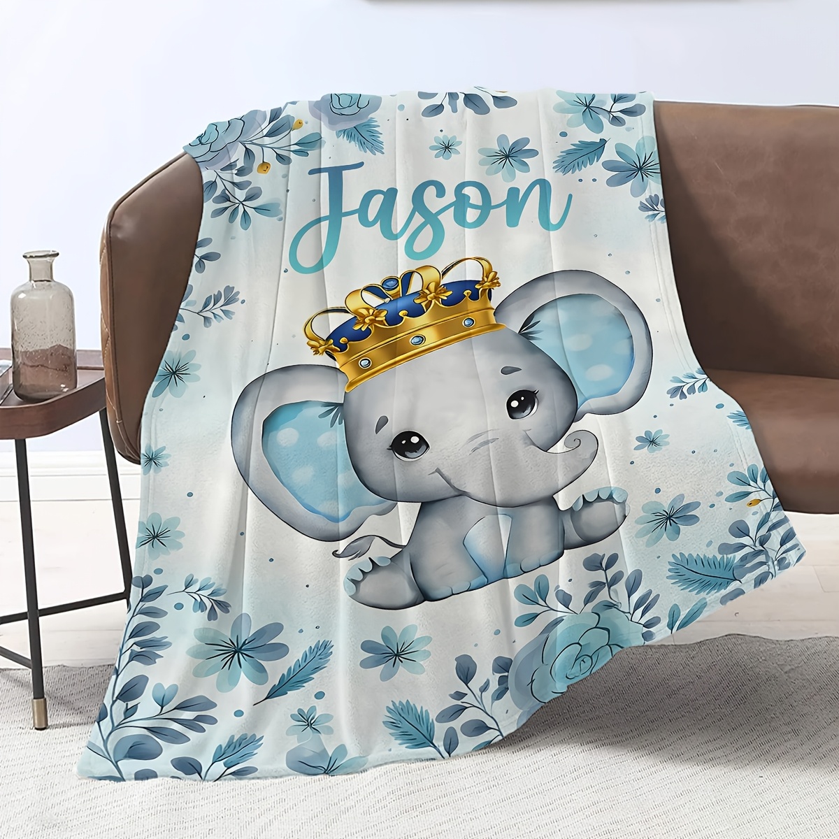 Custom Name Blue Rhyme Crown Baby Elephant Blanket