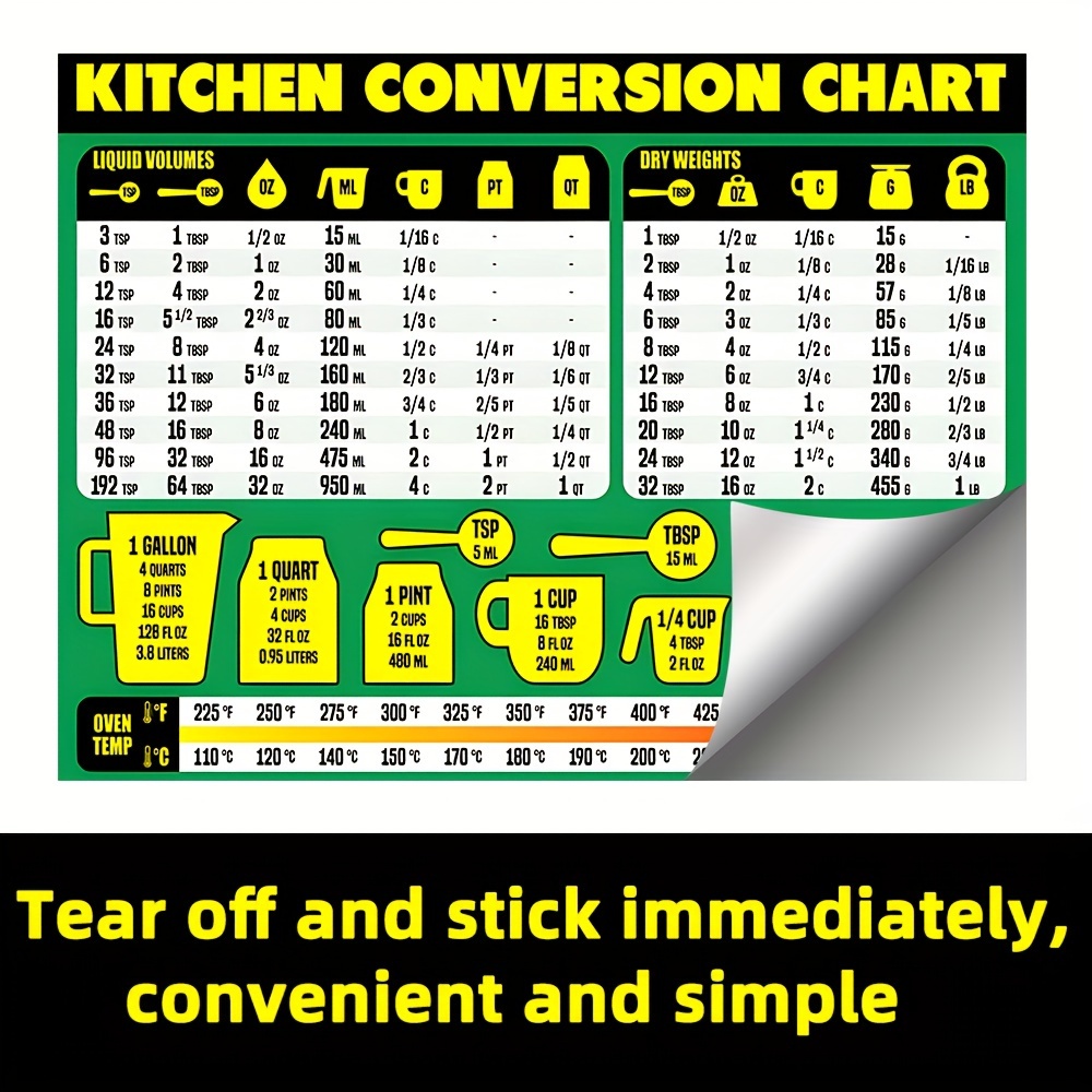 Kitchen Conversion Chart Sticker Easy Read Measurement Cheat - Temu