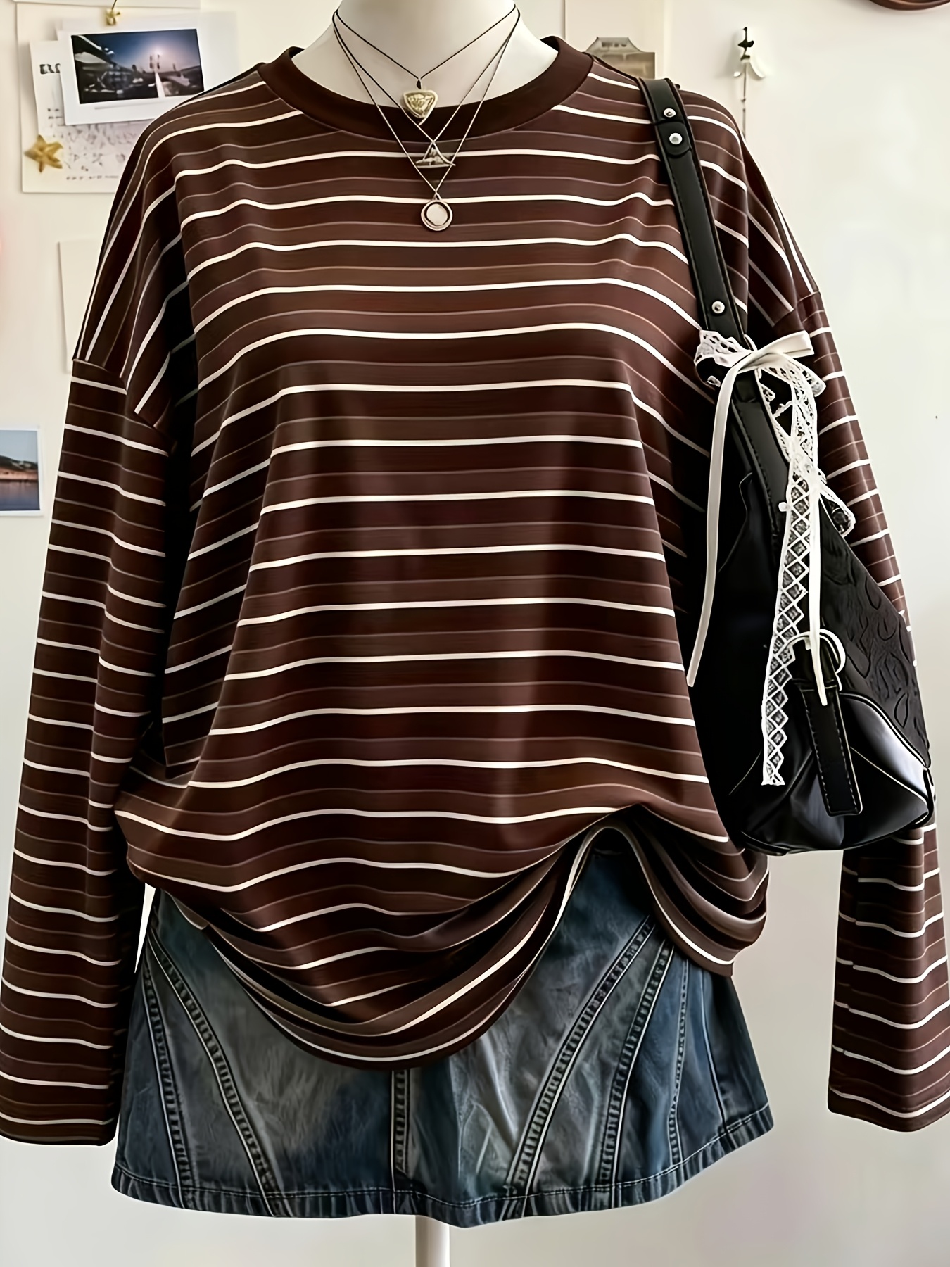 photo de l'article t-shirt à rayures pour femmes, imprimé numérique intégral, col rond, manches longues, style  , col rond, vêtement de sport, mode, versatile, élastique,   taille