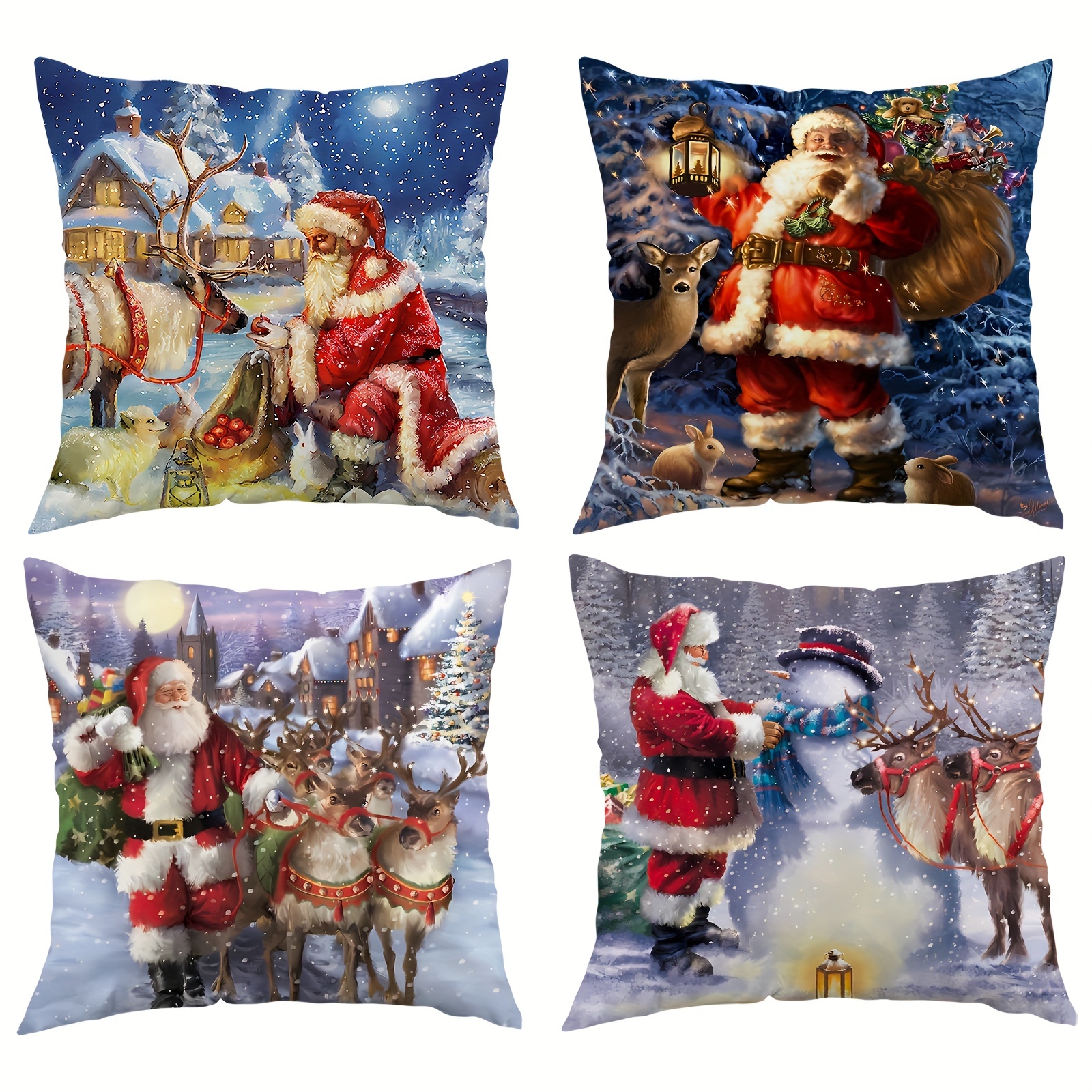 

4pcs Christmas Throw Pillow Covers Set - Santa, Reindeer, Snowman & Bunny Designs | Velvet Printed, Machine Washable | Winter Living Room, Bedroom & Sofa Decor | Zip Closure, Polyester