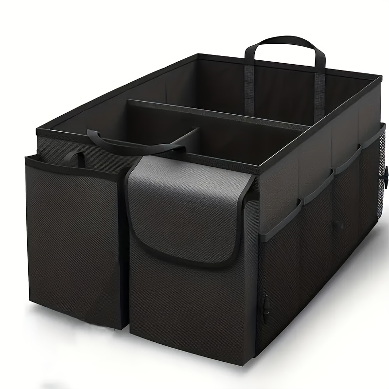 

1pc Foldable Car Trunk Organizer With Adjustable Black Straps - Nylon Storage Box For Rear Seat, Vehicle Interior Accessories