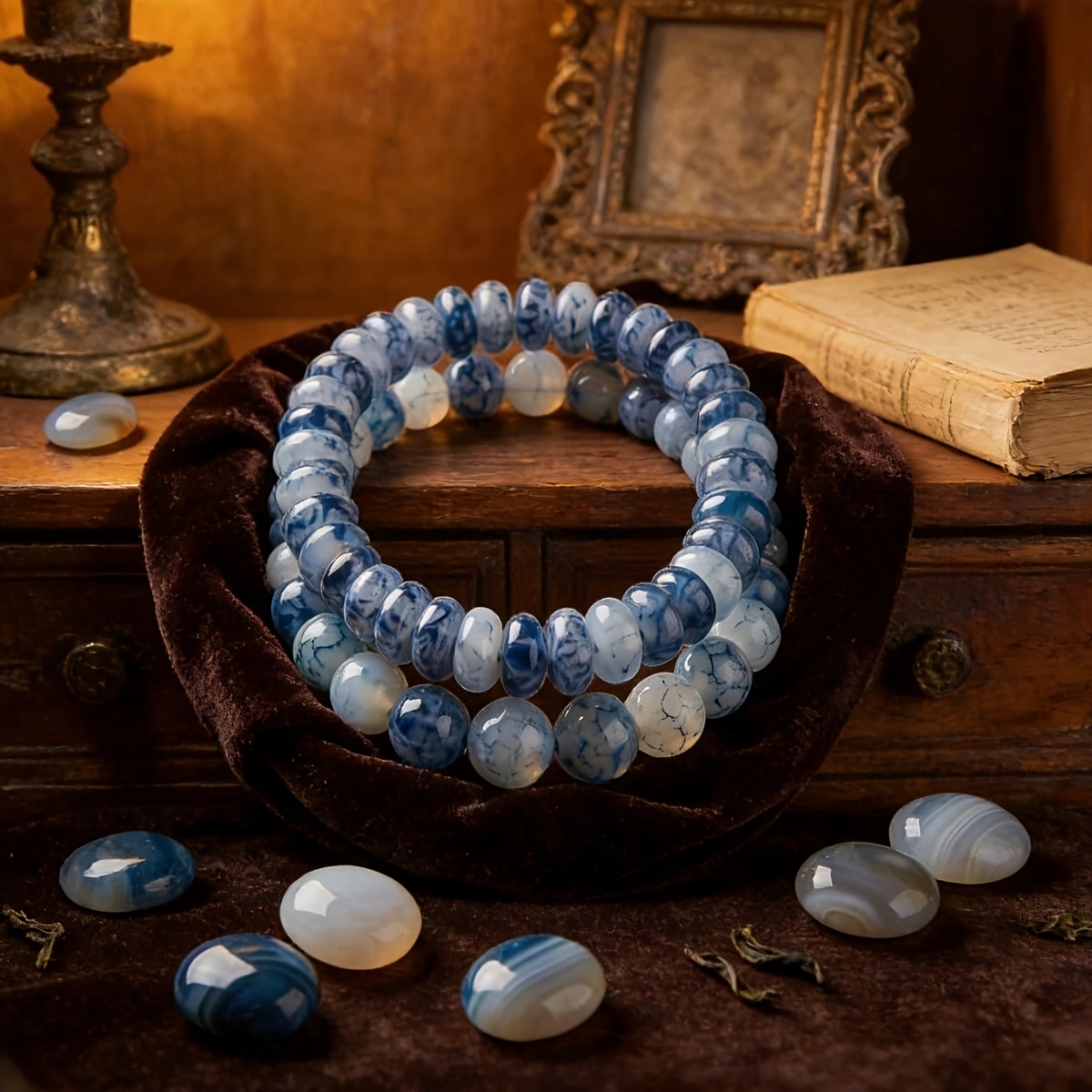 2pcs Blue Dot White Agate Bead Stretch Bracelet Set