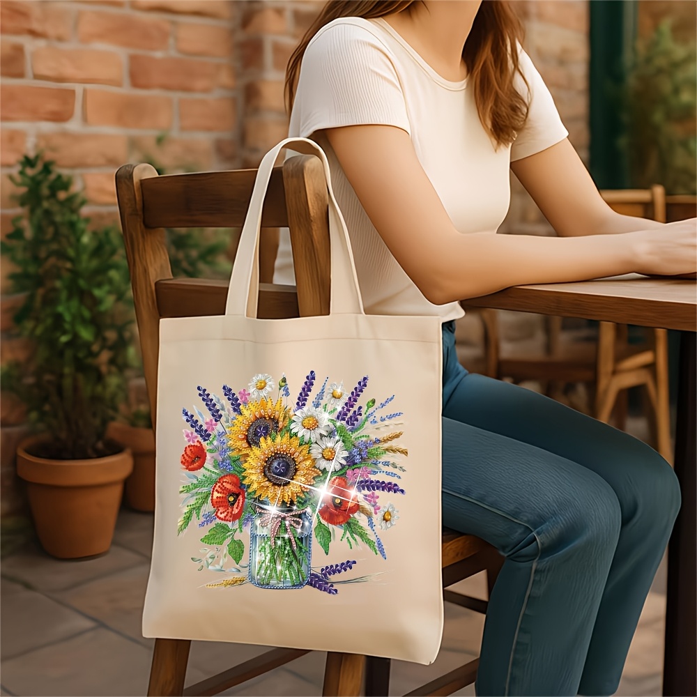 TEMU kit de pintura de diamantes 2026, bolsa tote de lona floral con cuentas pintadas a de 30 cm x 35 cm estilo pastoral, bolso de artístico de gran