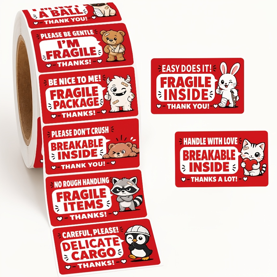 TEMU 500pcs Fragile Shipping Labels Roll, 10 Assorted Handle With Care And Breakable Inside Designs, Self-adhesive Warning Stickers For Packages,