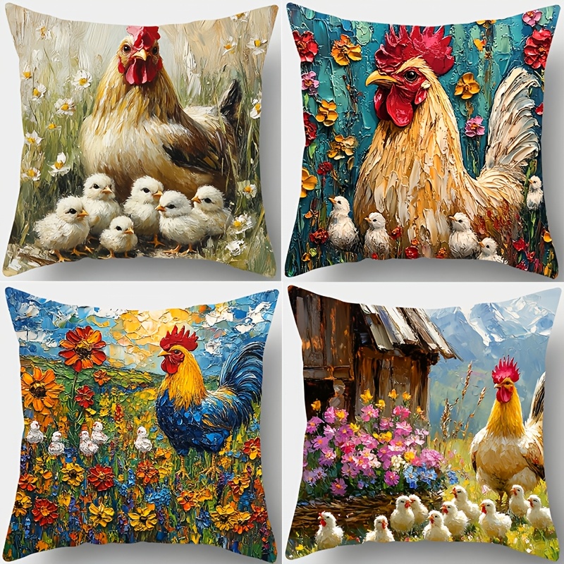 

4pcs Oil Painting Farmhouse Pillowcases With Rooster, Flowers & Chick Designs, 17.72" X 17.72", Zipper Closure, Polyester, Machine Washable - Ideal For Home Sofa And Bedroom Decor