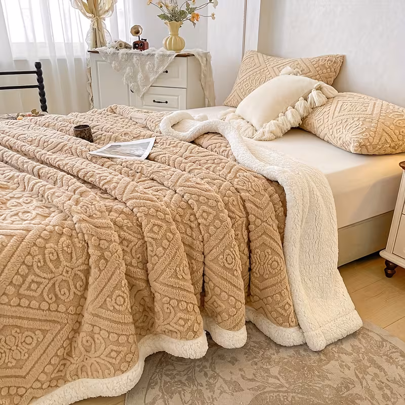 1pc luxury european cut jacquard lamb fleece thick double layer blanket warm non slip geometric pattern machine washable polyester for bedroom autumn decor accessory plush Product details 3