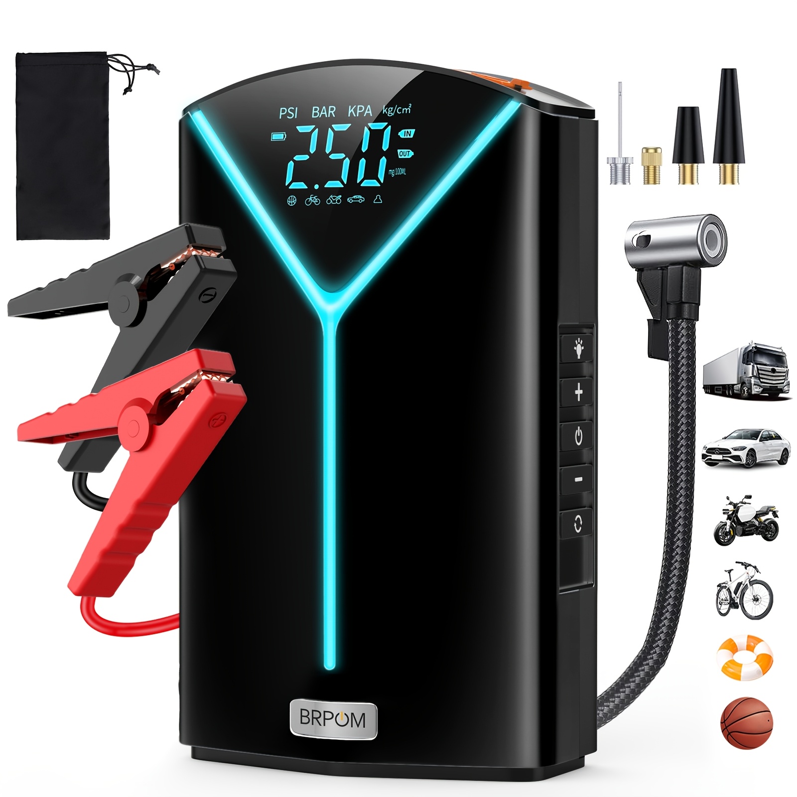 Zaganjalnik in Power Bank z zračnim kompresorjem 150PSI, turboponovljen napajalnik za avtomobila, z velikim LCD zaslonom, LED lučjo, zaganjalni