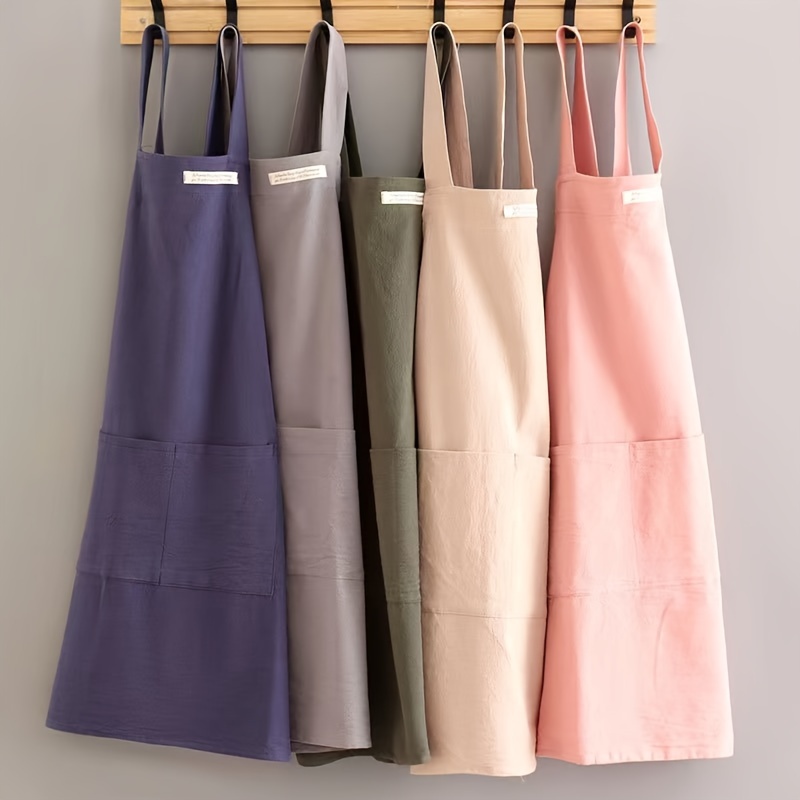 

Cotton Apron With Shoulder Straps, Solid Color Woven Apron For Office, Cafe, Gardening, Cooking, Painting - Unisex Design, Convenient Dual-pocket Storage.