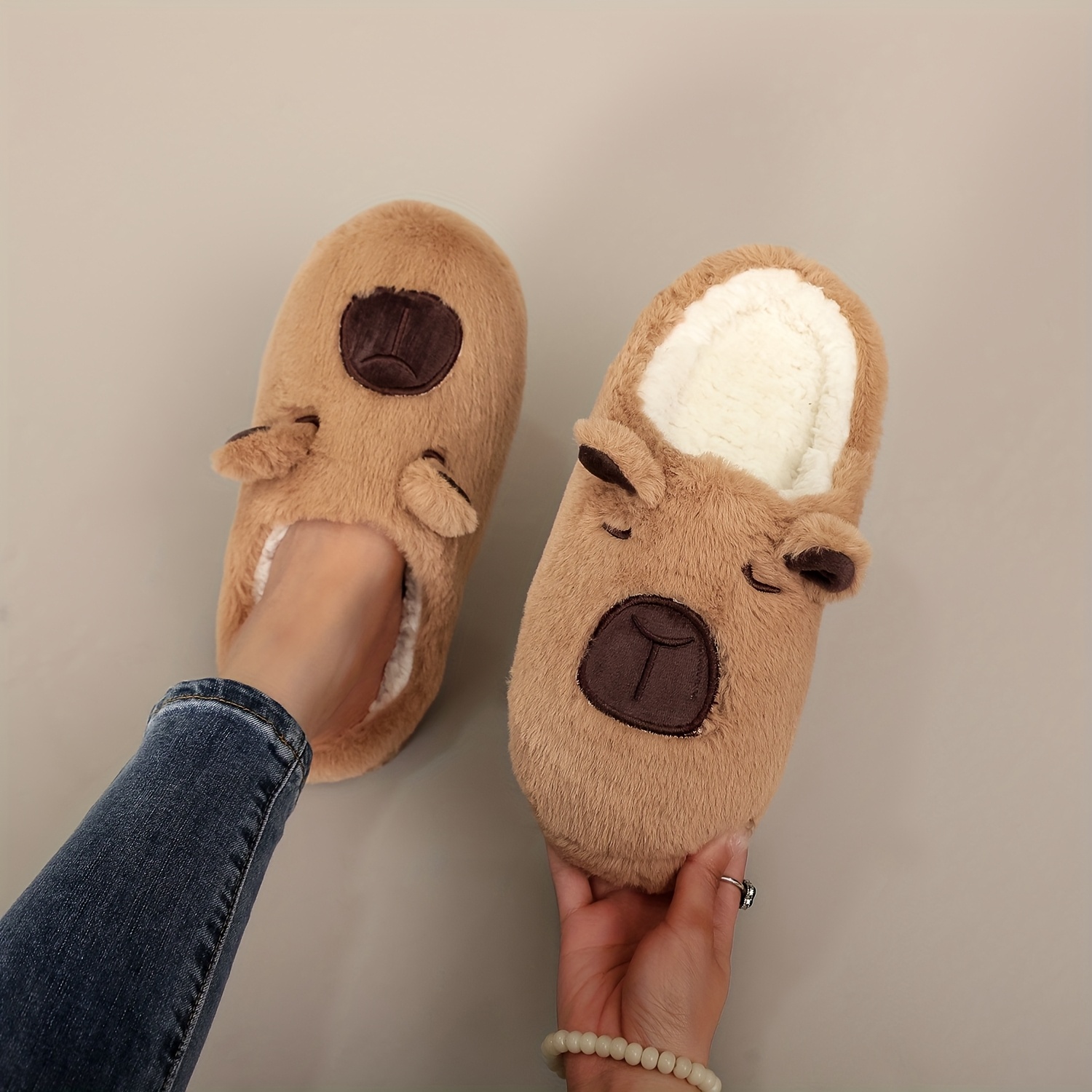 Image of Panama Capybara Plush Slippers - Women's Cute Warm Fuzzy Kawaii Slippers Slip-on Slippers Wide Anti-slip Home Indoor Cartoon Animal Shoes, Women Shoes