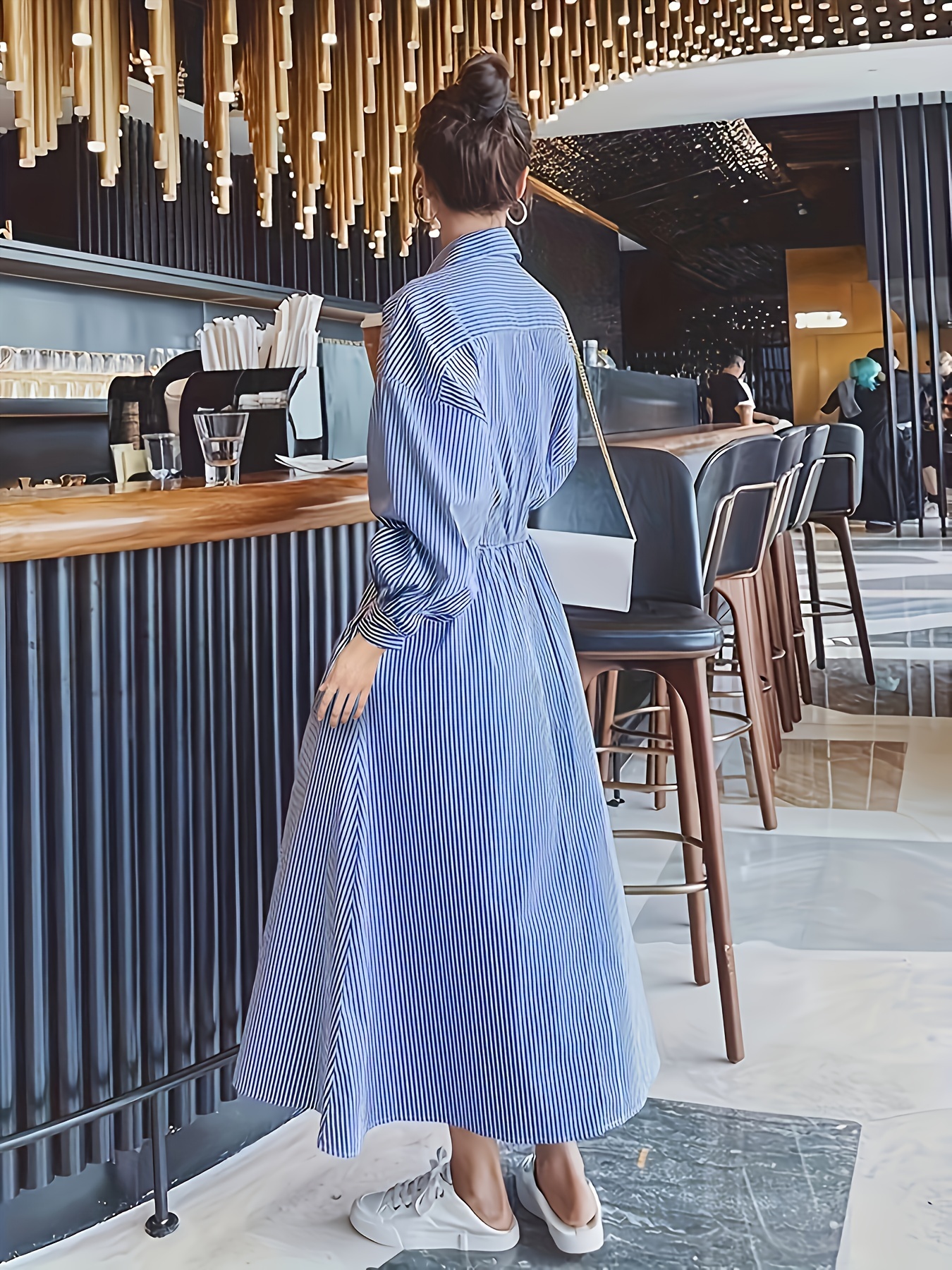 Women's Elegant Blue and White Striped Long Sleeve Shirt Dress Button-Up  Collar, Cinched Waist, Lightweight Polyester, Spring/Summer/Fall Fashion
