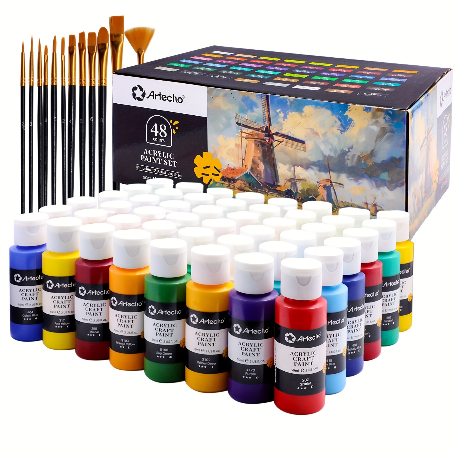 

Acrylic Paint Set 48 Colors 2oz/59ml With 12 Brushes, Art Craft Paints Kit, Paint For Canvas, Rocks, Wood, Fabric, Ceramic And Art Supplies, Non Paint For Artists And Beginners