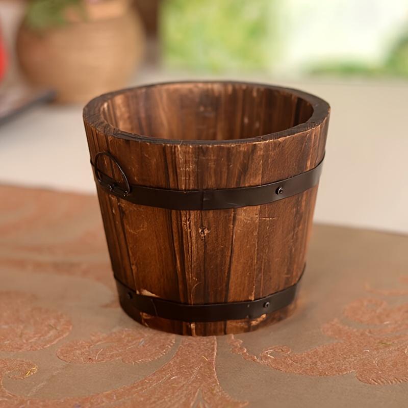 Image of Vintage-style Wooden Round Barrel Planter - Home, Office, Or Garden Decor | Ideal Gift For Plant Lovers