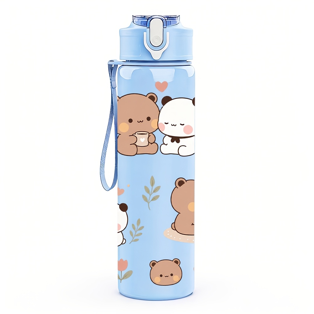 TEMU 1pc Cute Little Bear Panda Heart Print, 750ml/26oz Colored Plastic Sports Water Bottle, Travel Cup, Adorable Printed Design, Leak-proof With